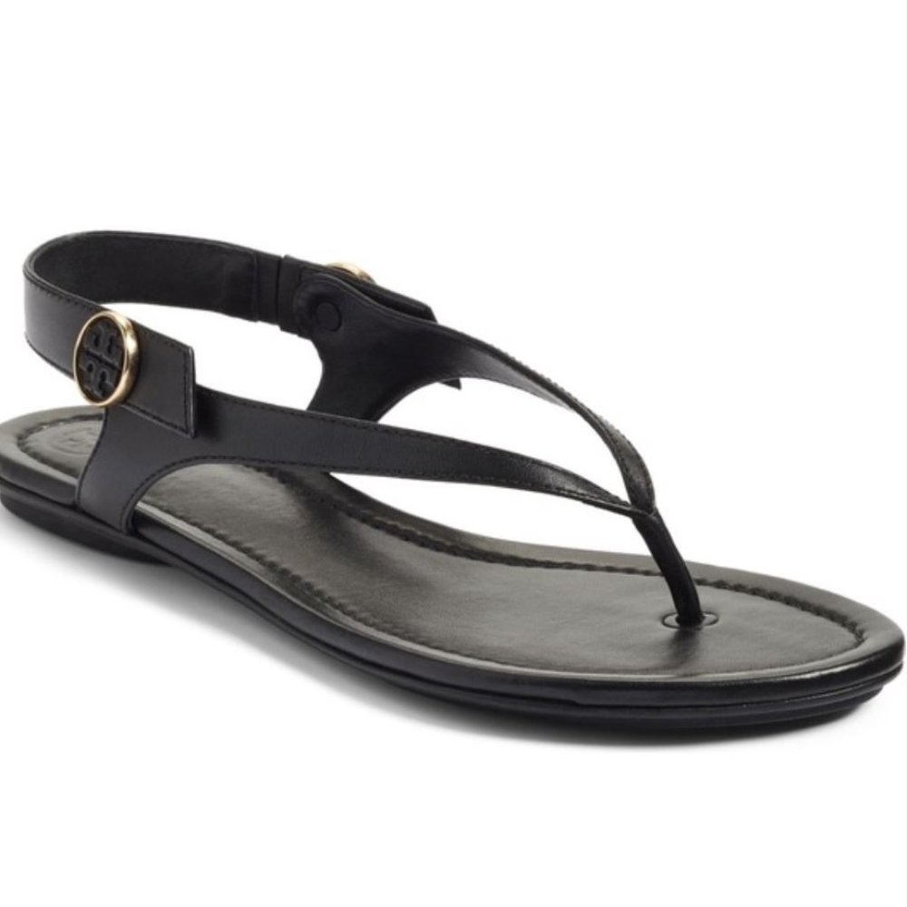 Tory Burch Minnie Travel Sandal Flip Flop Black Gold Ankle Logo Size 8